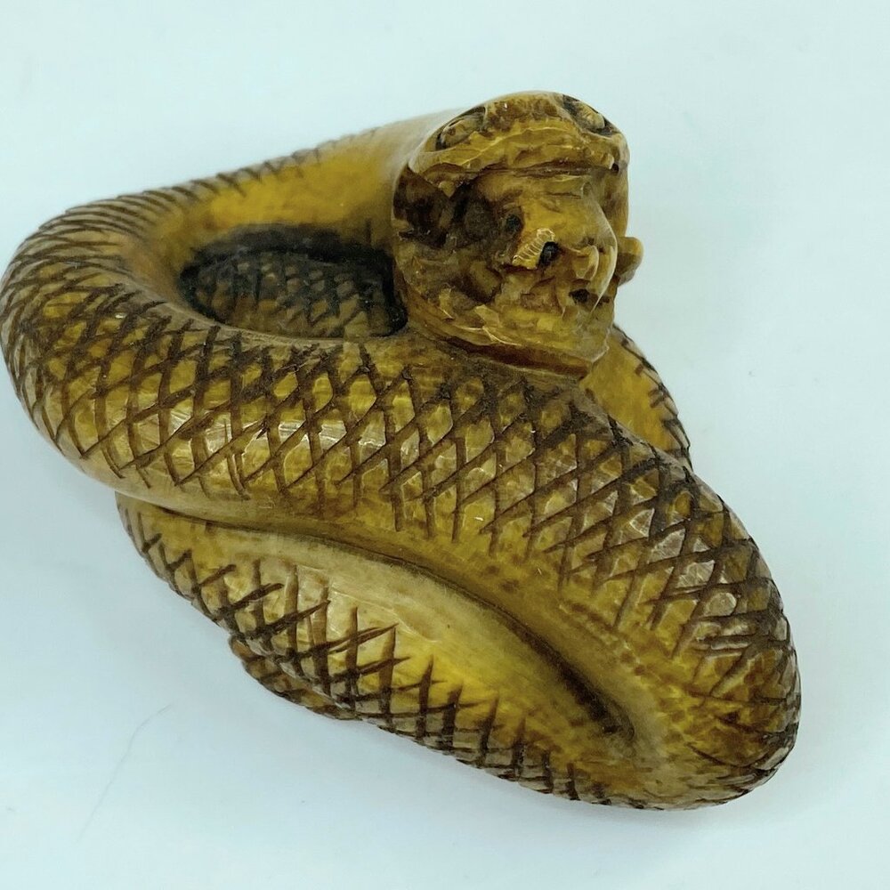 19th century hand carved Resin Snake with a mouse in the mouth Netsuke A588